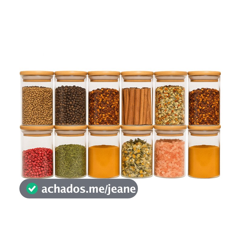 Jogo 12 potes de vidro 250ml com tampa de bambu herméticos para tempero - Oikos