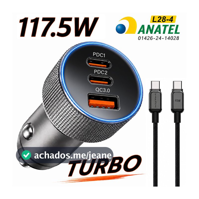 3 PORTES Carregador Celular Veicular Turbo 2 TIPO C +1 USB Carregamento Rápido Origina
