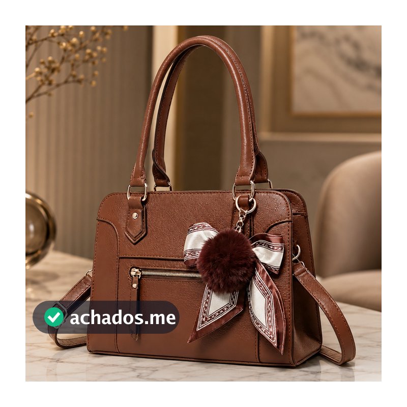 Bolsa Feminina Mão Ombro Crossbody Couro Sintético Grande Espaçosa Pingente Laço Para Trabalho Dia a Dia
