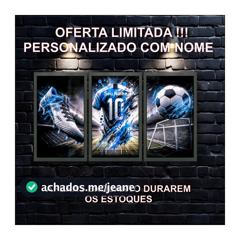 Kit 3 Quadros Decorativos Infantil Futebol, Personalizado com Nome, Camisa, Chuteira, Bola, Quarto