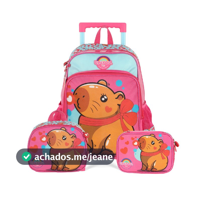 Kit Mochila Roda Capivara Pink com Lancheira e Estojo Box