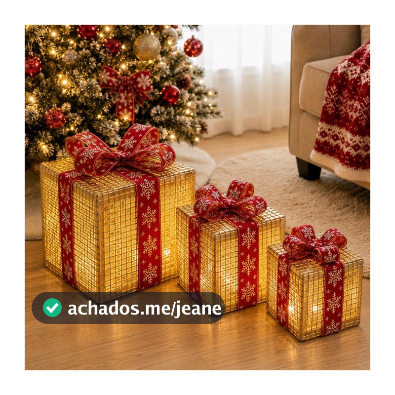 Kit 3 Caixas Led Presente Decoração Árvore Natal Laço Luxo