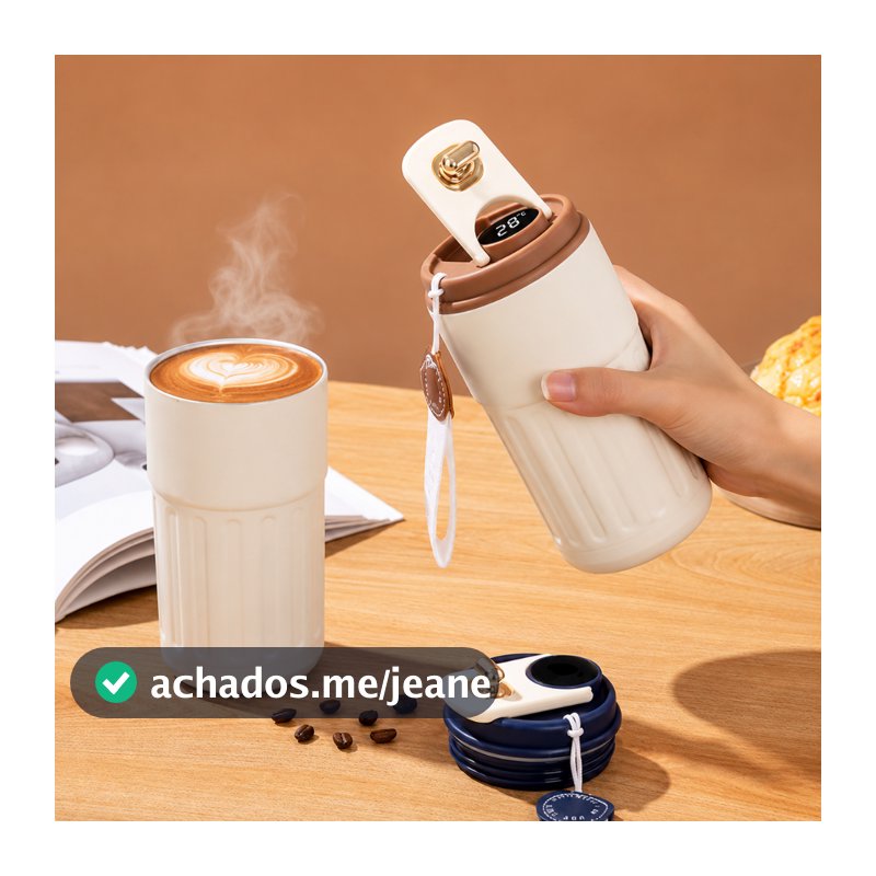 Copo Térmico Cafe 450ml Inox com Display Digital Tampa com Trava Mantém Temperatura Para Café e Chá