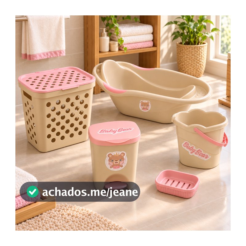 Kit Higiene Banho Bebê Menina 5 Peças Banheira 20L Cesto 30L Balde 8L Lixeira 7,5L Saboneteira