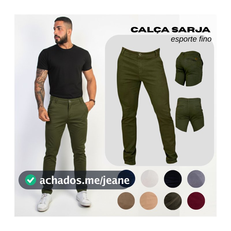 Calça de Sarja Premium Verde Militar Masculina Slim Fit com Lycra Calca jeans