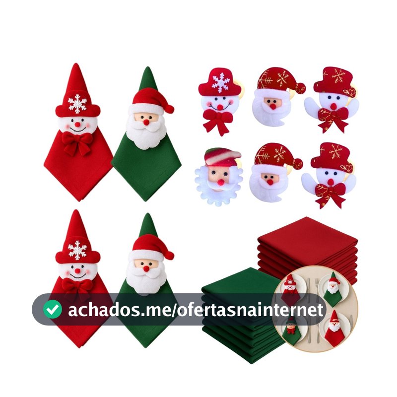 Kit com 4/8 Guardanapo + Argola Anel de Guardanapo Decorativo Mesa Posta Natal