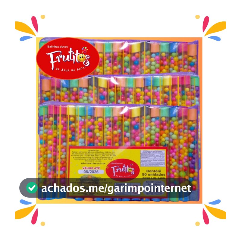 100 Tubinhos c/Balinhas Frutitos Doces para Lembrancinhas de aniversário e Sacolinha Surpresa/Brinquedo Confeitos Frutas