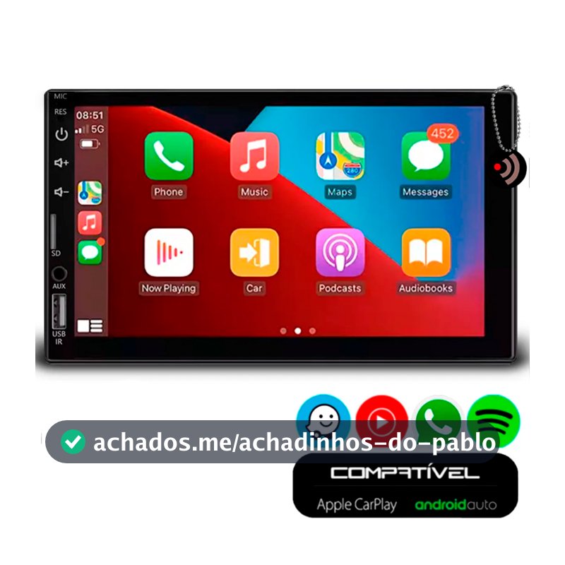 Central Multimidia Auto CarPlay Android Auto 7" Polegadas USB Espelhamento Apps Entrada Câmera Ré