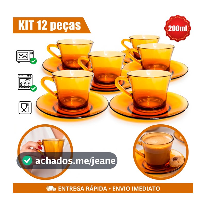 Kit 12 Peças Xícaras Âmbar com Pires sendo: 6 Xícaras 200ml de Vidro + 6 Pires Liso para Chá e Café