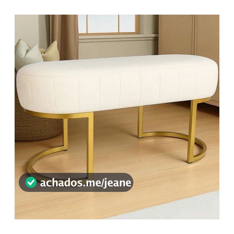 Puff Banco Luna Versátil Branco Bouclê Pé Metal P/ Quarto Sala Decorativo Modelo Industrial Moderno