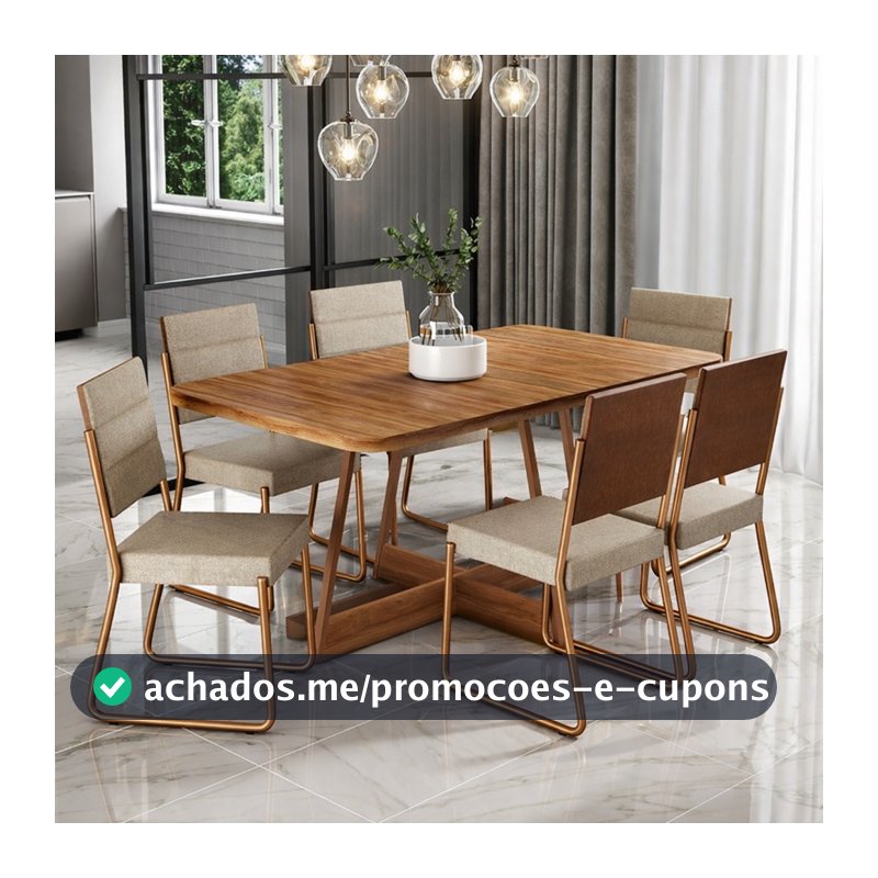Conjunto Sala de Jantar 6 Cadeiras Charlotte Carraro Nogal com Rose