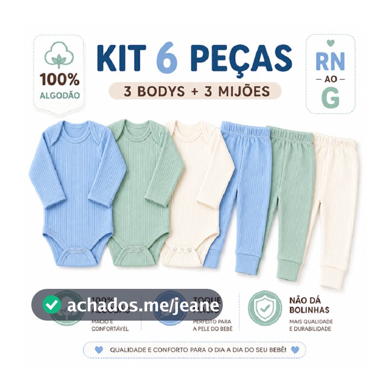 Kit 6 peças Conjunto de roupa de Bebê Canelado Manga Longa Body e Calça 100% Algodão Unissex Enxoval