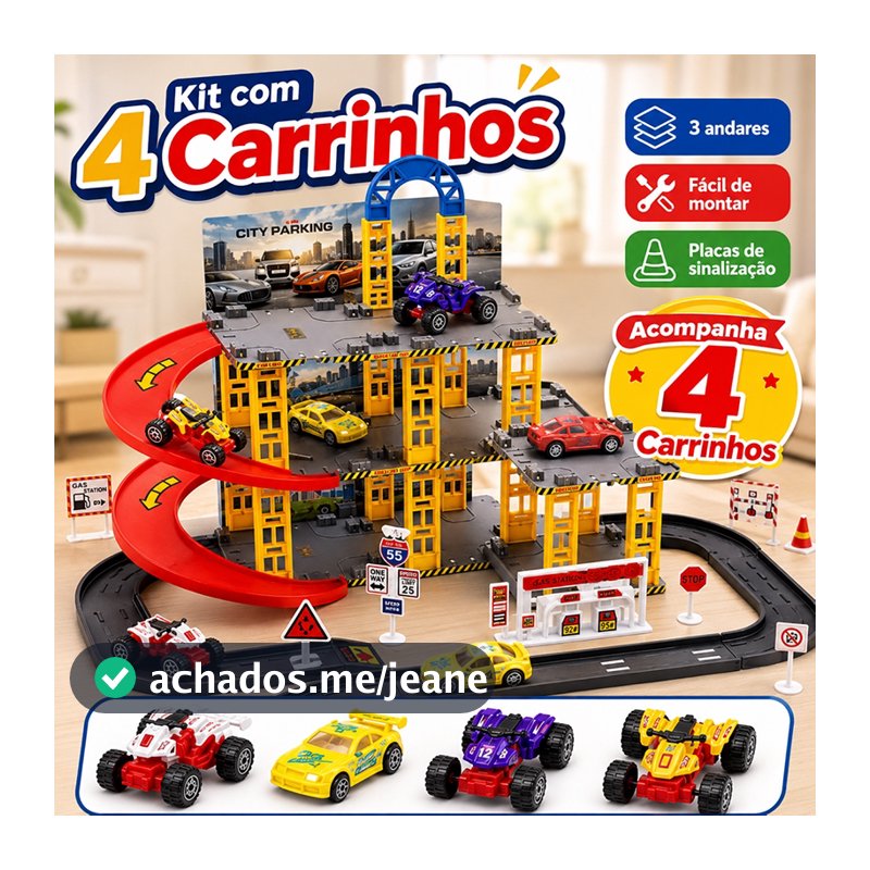 Pista de Carrinhos Garagem 3 Andares com 4 Carrinhos Brinquedo Infantil de Montar