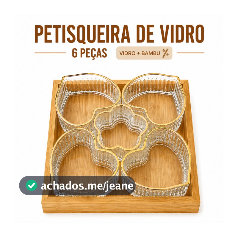 Jogo de Tigelas de Vidro 6 Peças com Bandeja de Bambu Coração e Flor para Servir Petiscos