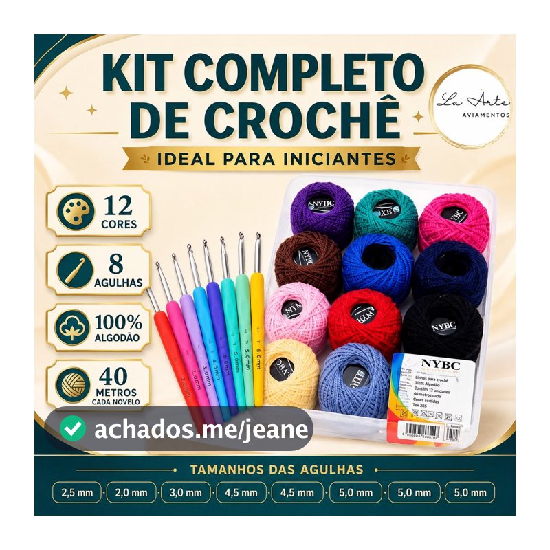 Kit linha Crochê 12 Cores + 8 Agulhas Ergonômicas NYBC  completo para Amigurumi e Artesanato