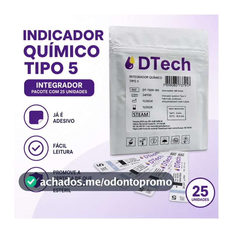 Indicador Químico Tipo 5 Integrador Autoclave 25 Unidades RDC 1002 Esterilização