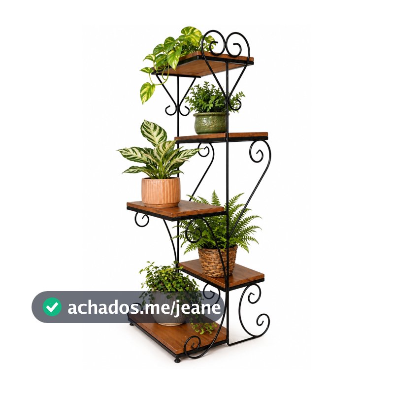 Floreira Estante 5 Andares Ferro E Madeira Rústica Vertical Suporte Para Plantas Decoração Jardim Sala Reforçada Preto