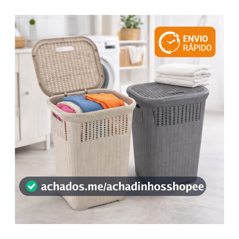 Cesto de Roupa Rattan 50L com Tampa Basculada Grande Lavanderia Premium