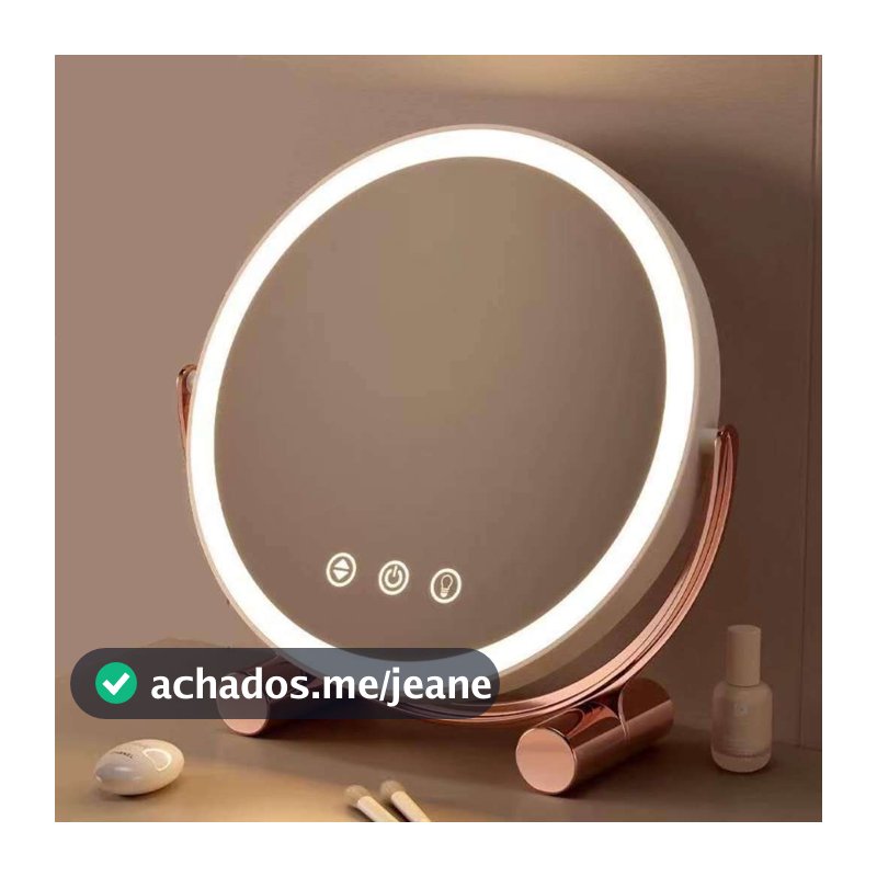 Espelho de Maquiagem com LED – Mesa Redonda, Madeira Bambu, Luz Branca, Recarga USB