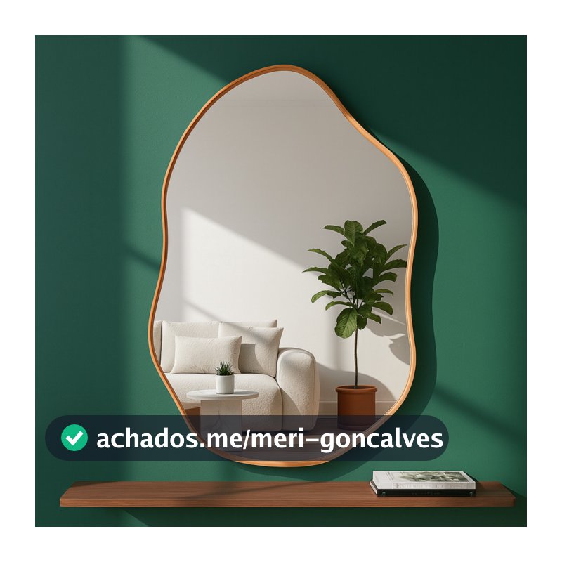 Espelho Orgânico 60x40 Couro Caramelo + Suporte Metálico Decoração Sala Penteadeira Quarto Banheiro