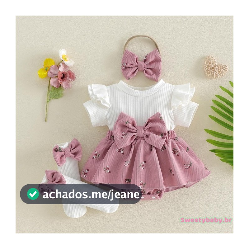 [CoRn] Macacão De Saia De Manga Curta De Verão Para Bebês Meninas + Meias Compridas + Conjunto De Faixa De Cabeça