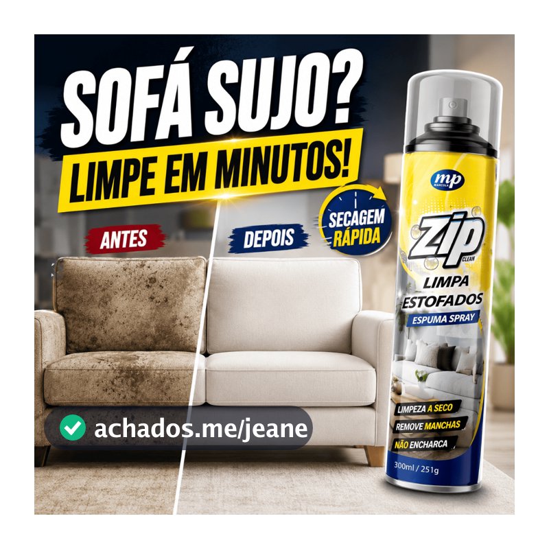 Espuma Spray Zip Clean 300ml Limpa a Seco Sofá, Estofado, Banco de Carro Limpeza Profunda Perfumado
