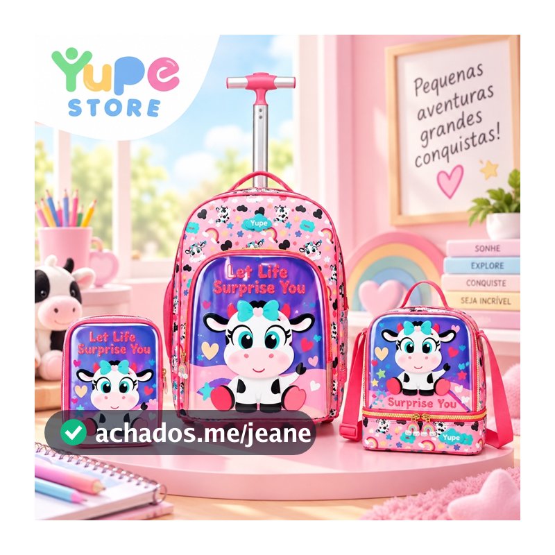 YUPE Kit Mochila Lancheira Estojo Escolar Vaquinha Rodinha Infantil Feminina
