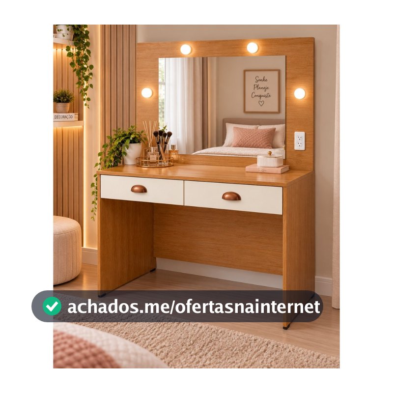 Penteadeira Moderna Maquiagem Camila Com Espelho LED Mesa Com Gavetas Tomada 20A Quarto