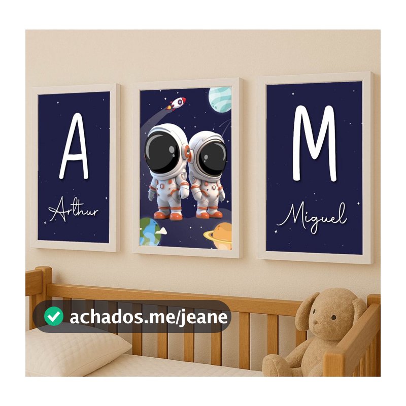 Quadros Decorativos Irmãos, Kit 3 Peças, Decoração Quarto Infantil Astronauta, Moldura Fake EXC