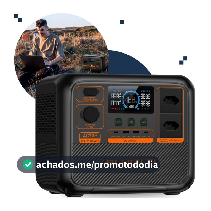 Estação Energia Solar Portátil Bluetti AC70P Gerador 1000 W / 864 Wh / 110V/220V