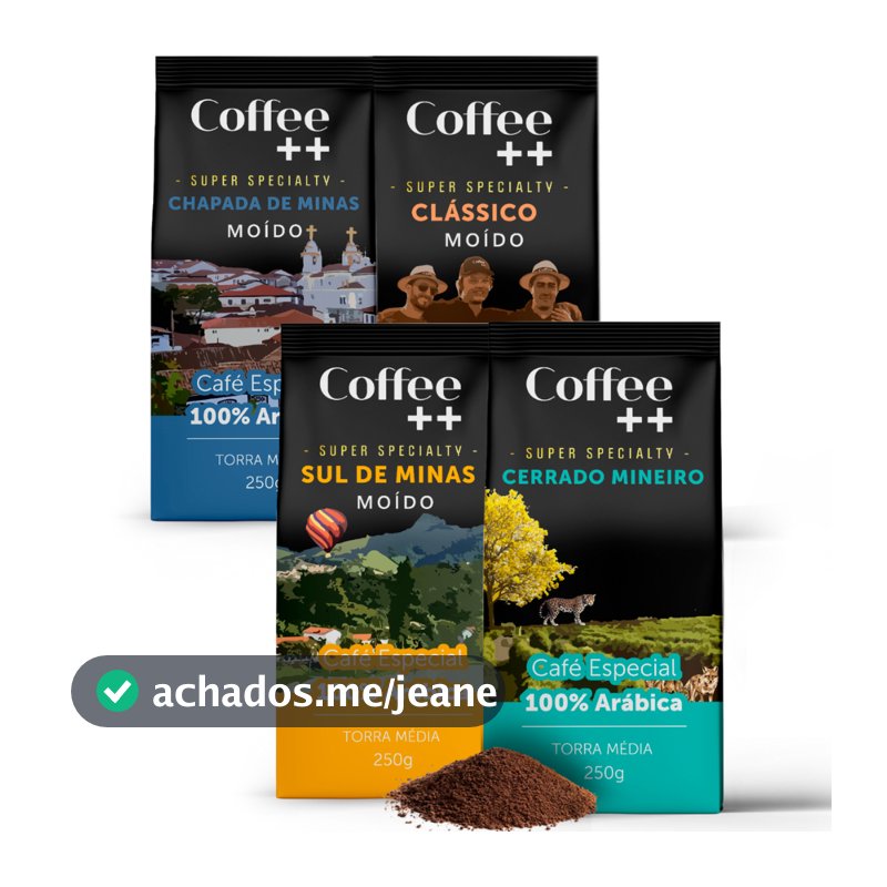 Kit 4 Pacotes Café Especial Moído Coffee Mais Chapada de Minas, Clássico, Sul de Minas e Cerrado Mineiro