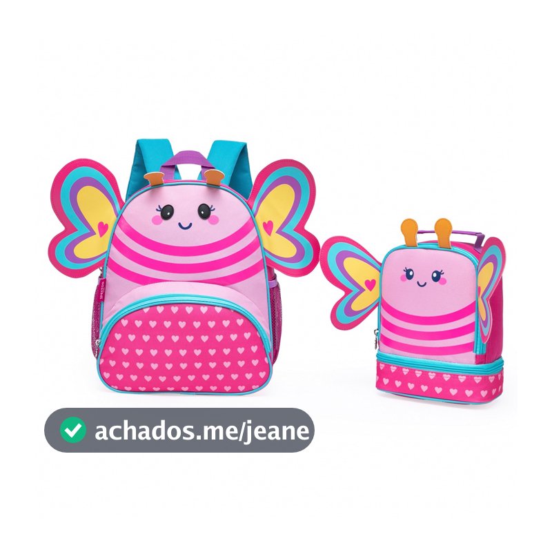 Kit Mochila Lancheira Borboleta  Compartimento Duplo Creche Pré-Escola Alça Costas Mao Resistente Menina Infantil
