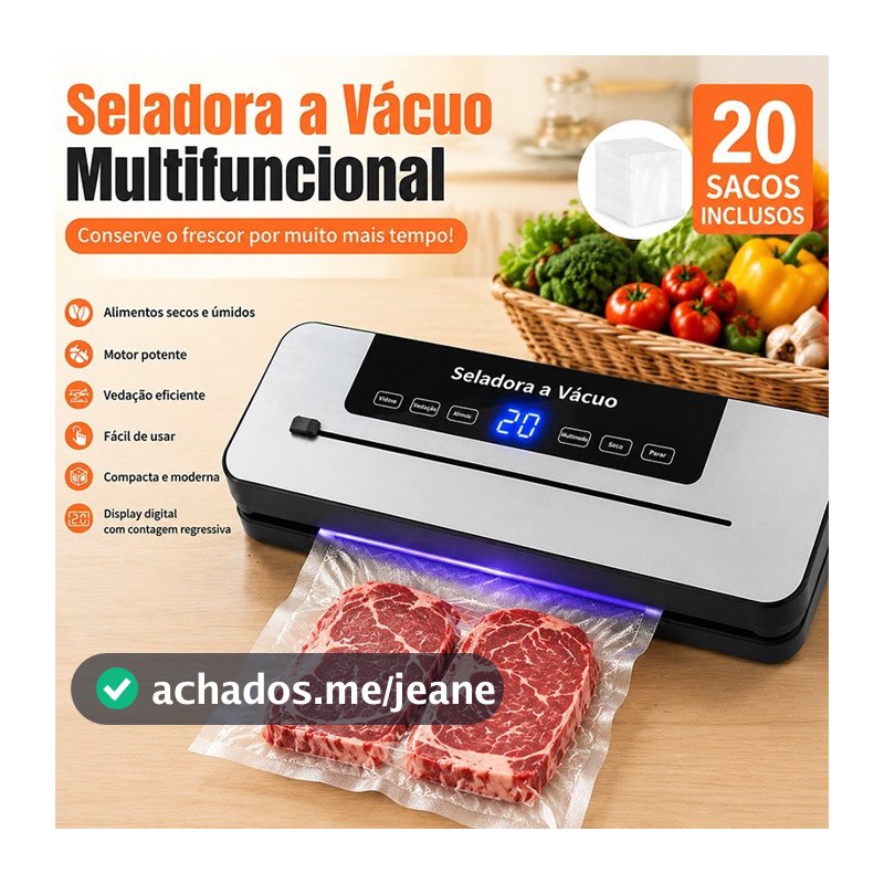 Seladora A Vácuo de Alimentos 6 em 1 Seca e Úmida Com Cortador + 20 Sacos 30cm