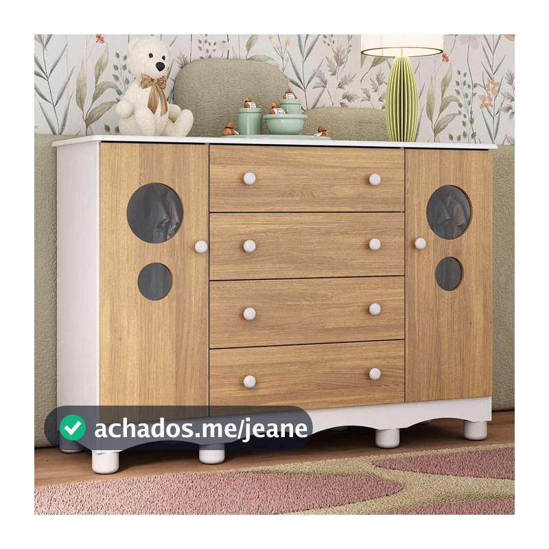 Cômoda Infantil para Bebê 125cm 2 Portas com Vidro e 4 Gavetas Suspiro Multimóveis MP4460