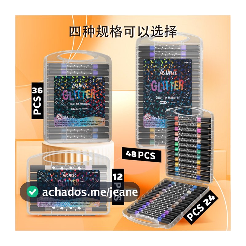 Kit de 12/24/36/48 Caneta Macadora Glitter de dupla ponta tinta de brilho marcadores aquareláveis
