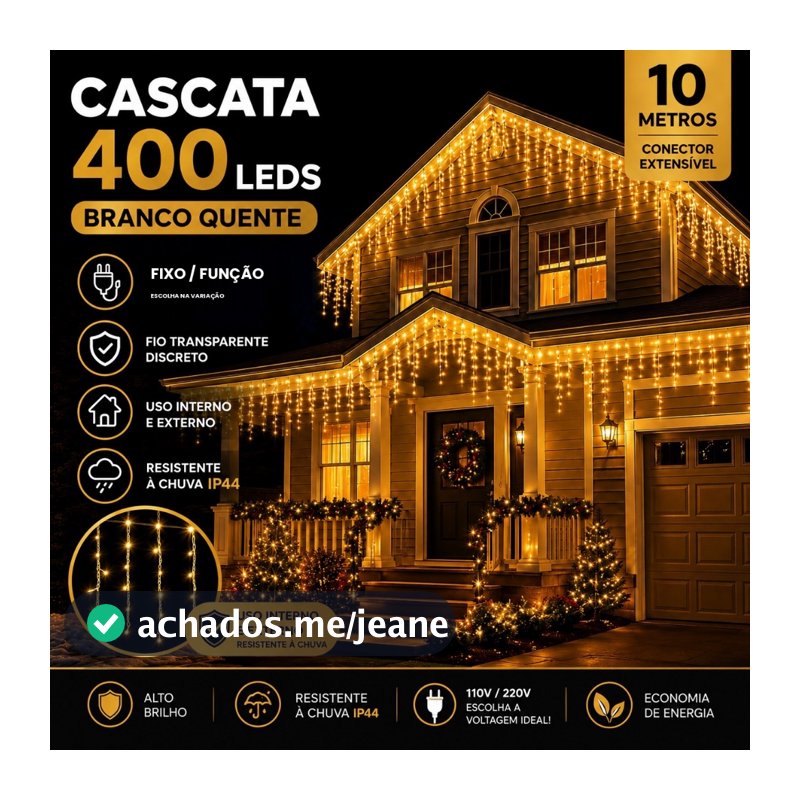 Cascata 400 Led 10m Externa Blindada Natal 8 Funções de Pisca A Prova D'agua Cor Das Luzes Branco Quente 110v e 220V