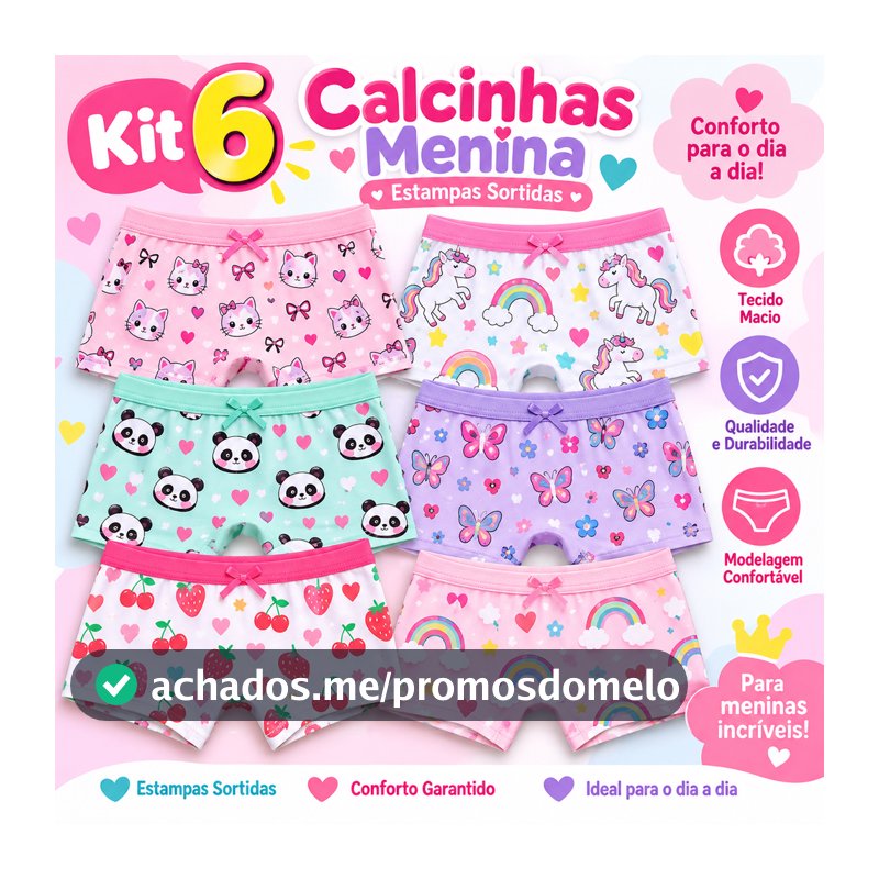 Kit 6 Unidades Calcinha Box Shortinhos Infantil Menina