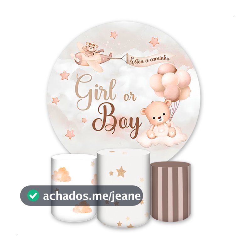 Kit Capa Painel Redondo + Capas Cilindros Sublimados Festas Tema Chá Revelação e Bebê