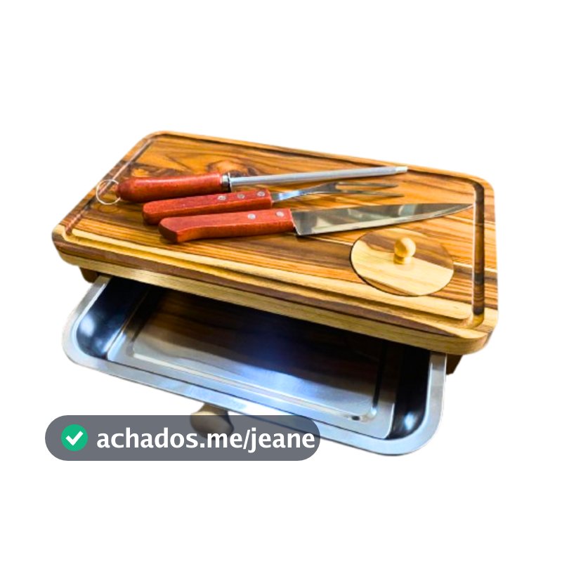 Kit Tábua Churrasco Corte Carne Gaveta Madeira Térmica Inteligente Com Faca E Garfo Em Aço inox