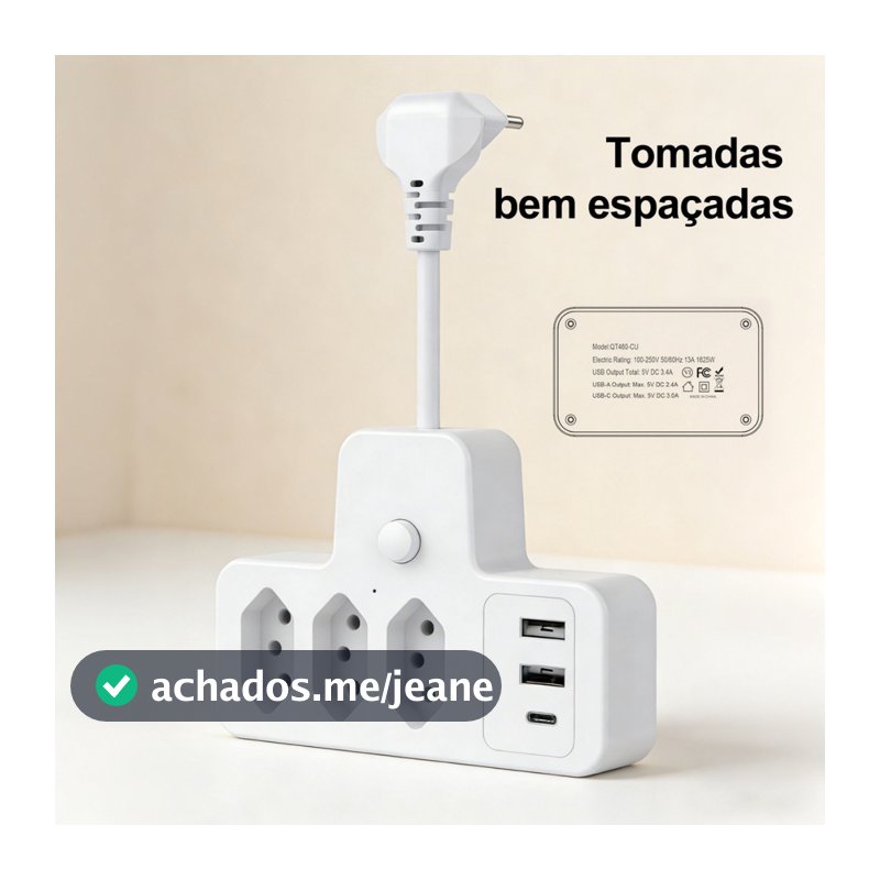 Extensão Elétrica Com Cabo 3 Tomadas Régua 3 USB 1 tipo-c