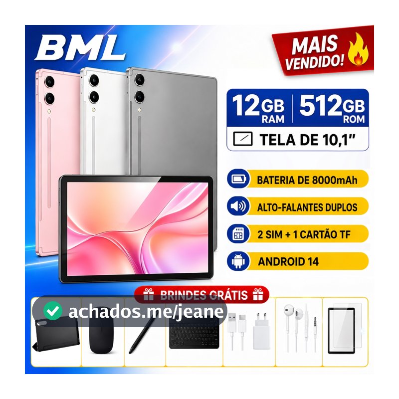 Tablet premium com teclado e mouse inclusos, configuração potente 12GB de RAM, 512GB de armazenamento e conectividade 5G