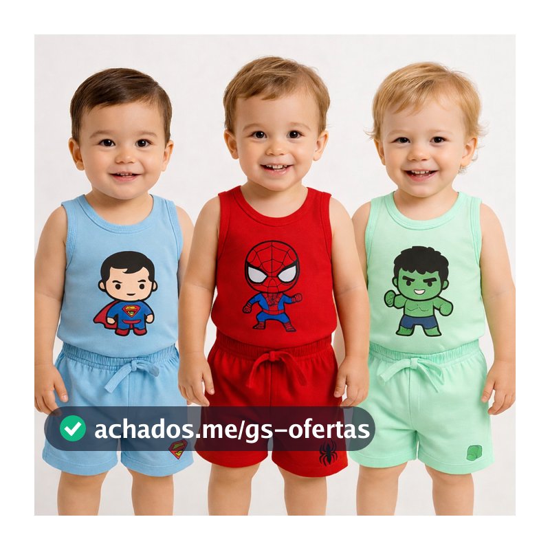 Conjunto Camiseta e Short Infantil Bebê 100% Algodão Menino Menina Personagens Super Heroi