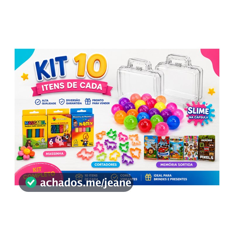 Kit 10 Maletinha Acrilica + Massinha Modelar + Geleca Slime+ Jogo da Memoria + Cortador Lembrancinha
