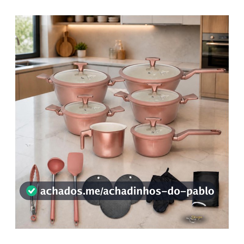 Jogo De Panela Cerâmica Premium 20 Pç Antiaderente Rose Rosa 7 Camadas Fundo Triplo Indução Tampa Vidro Temperado