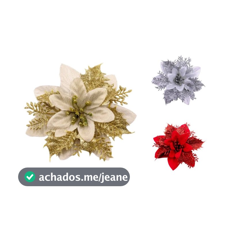 Flor Poinsettia de Natal com Glitter - Artificial - Dourada, Prata e Vermelha - 14cm