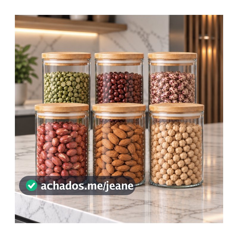 Kit Potes de Vidro 1000ml e 550ml com Tampa de Bambu Hermético Mantimentos Condimentos Transparente