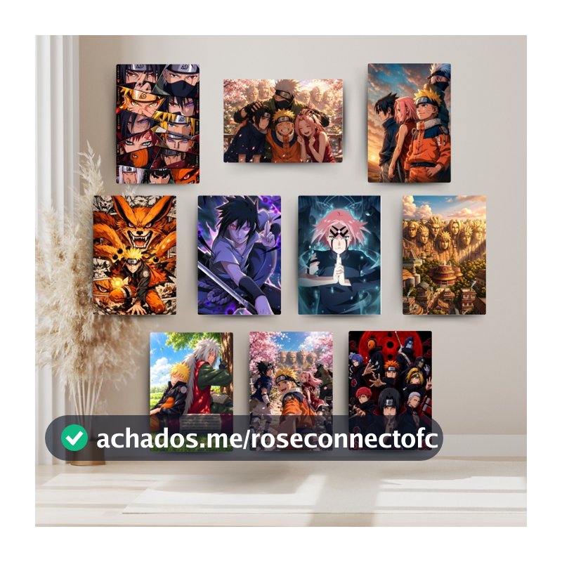 Kit 10 Mini Quadros Naruto Anime Decorativos Sasuke Sakura Akatsuki Decoração Geek Gamer Quarto Presente