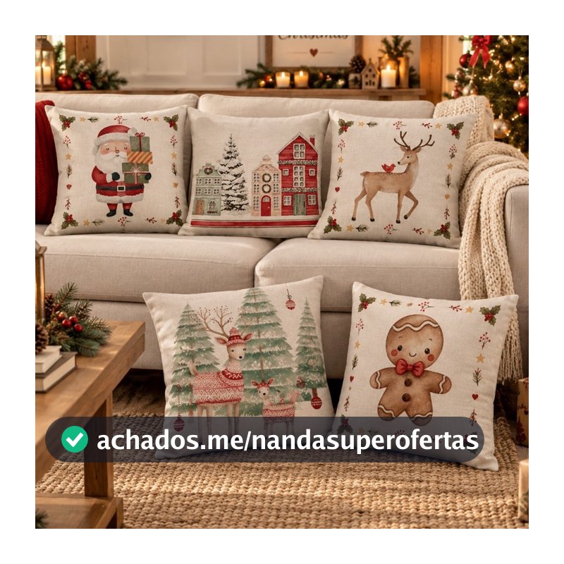 Capa de Almofada Natalina Decoração de Natal Festa Enfeite Papai Noel Renas Boneco de neve 43x43cm