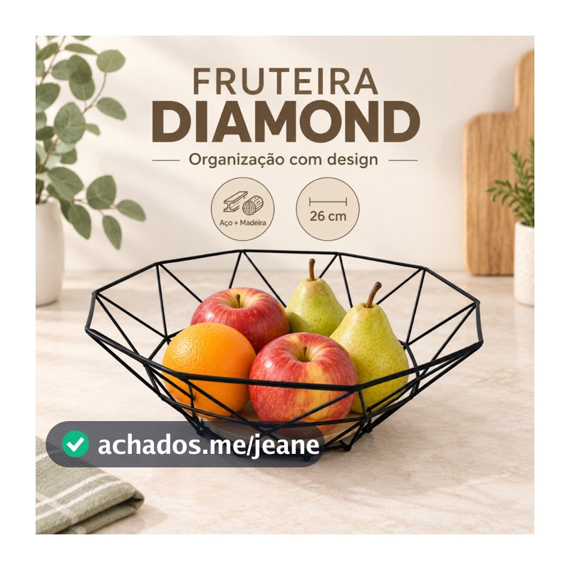 Fruteira de Mesa em Aço com Base de Madeira 26cm Preta Frutas Pães e Legumes Diamond Ecowood