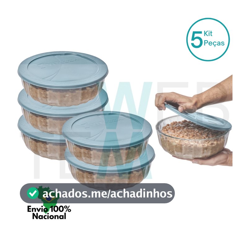 Kit 5 Potes de Vidro 1,5L com Tampa Plástica Oceani Vitazza Tigela Saladeira Bowl Mantimentos